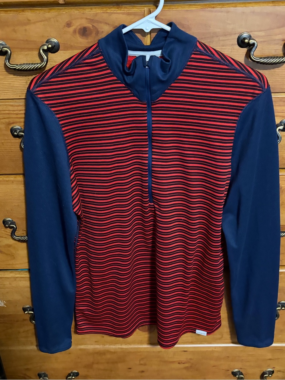 Patagonia Women's Red and Navy Striped Half-Zip Sweater